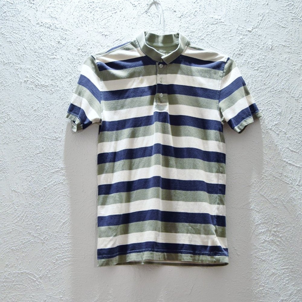 AEROPOSTALE Green White and Blue Striped Cotton Polo Shirt | Size XS